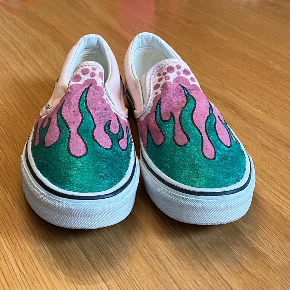 Vans Teal and Pink Flame Slip-Ons, custom hand painted - Picture 5 of 6